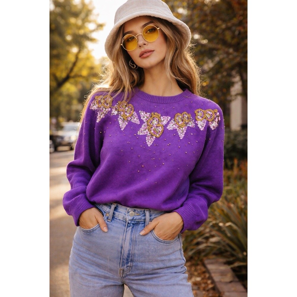 Vintage Dana Scott Amethyst Beaded Sweater Floral Knit Women S
